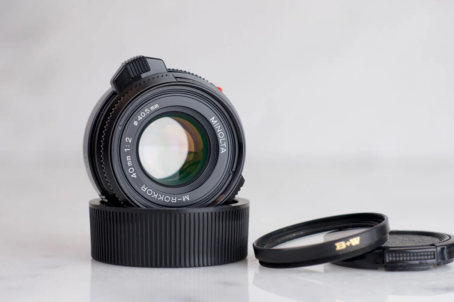 Minolta M Rokkor 40mm F/2 Lens with B+W UV Filter, Front and Rear